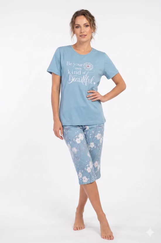 Пижами с къс ръкав Дамска пижама с къс ръкав и 7/8 панталон-пастелно зелено