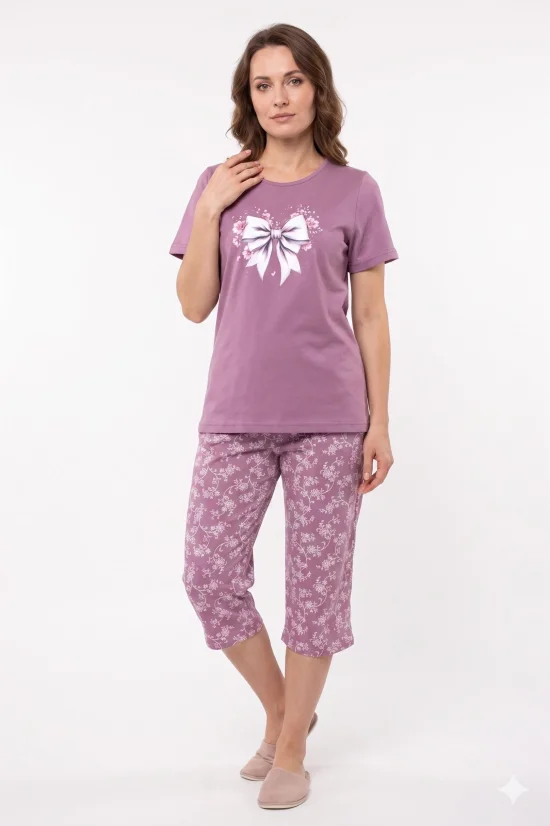 Пижами с къс ръкав Дамска пижама с къс ръкав и 7/8 панталон-пепел от рози