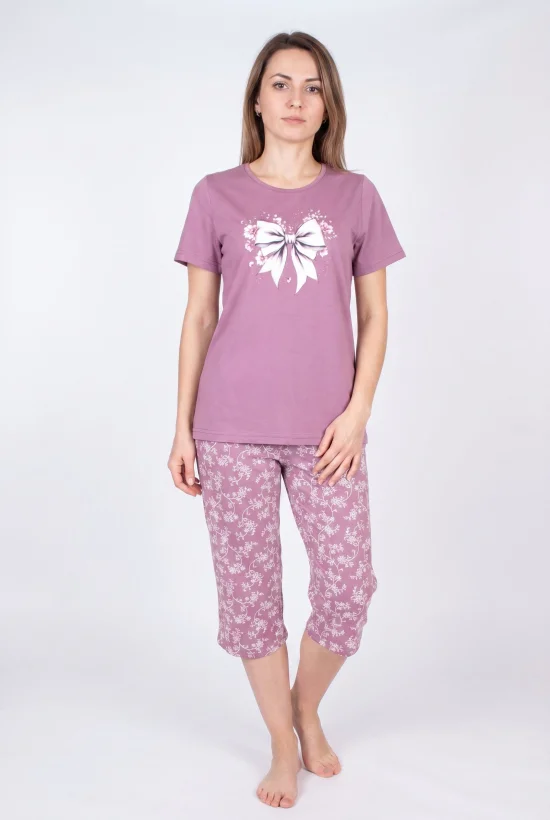 Пижами с къс ръкав Дамска пижама с къс ръкав и 7/8 панталон-пепел от рози