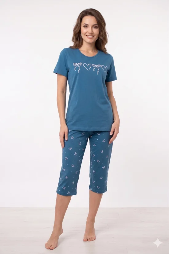 Пижами с къс ръкав Дамска пижама с къс ръкав и 7/8 панталон-синьо индиго