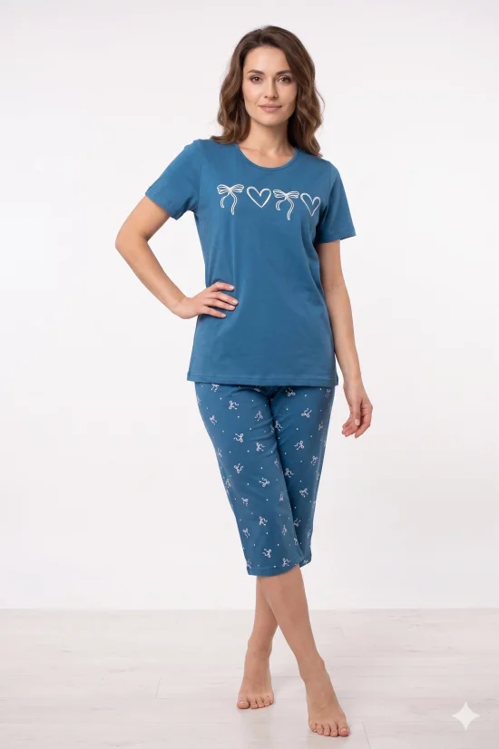 Пижами с къс ръкав Дамска пижама с къс ръкав и 7/8 панталон-синьо индиго