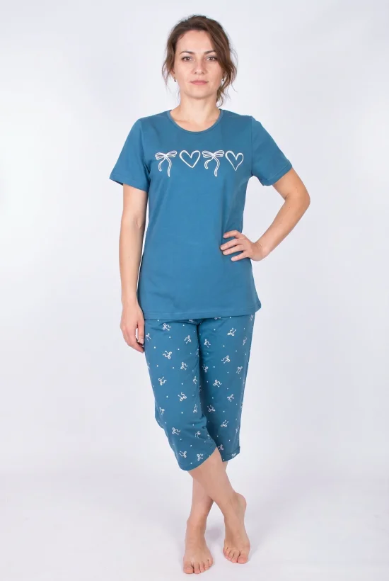 Пижами с къс ръкав Дамска пижама с къс ръкав и 7/8 панталон-синьо индиго