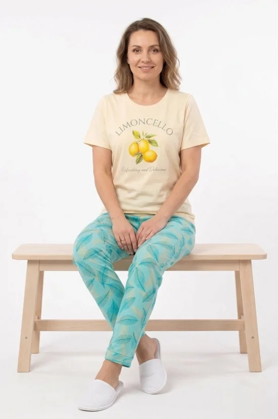 Пижами с къс ръкав Дамска пижама с къс ръкав и дълъг панталон-лимони