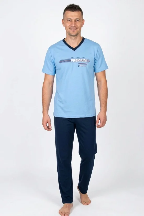 Пижами с дълъг ръкав Мъжка пижама с къс ръкав и дълъг панталон-синьо