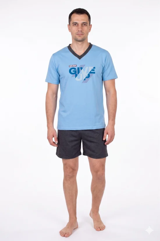 Пижами с къс ръкав Мъжка пижама с къс ръкав и къс панталон-светло синьо