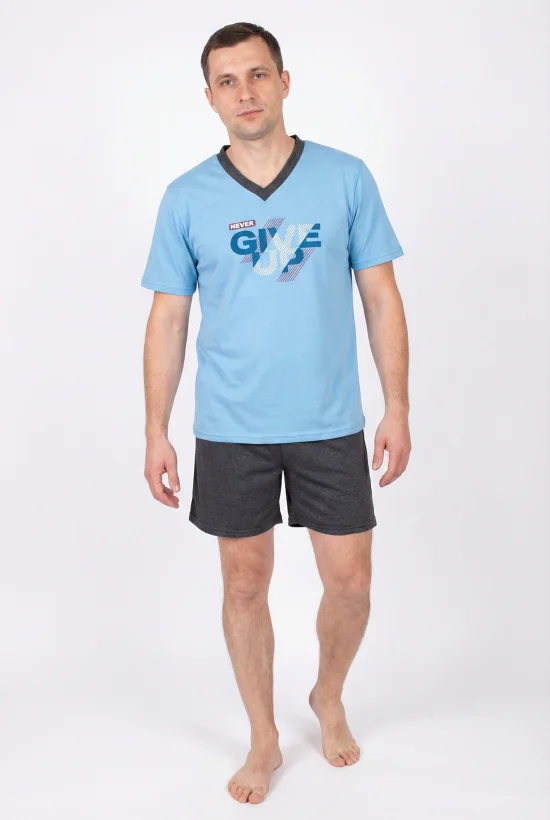 Пижами с къс ръкав Мъжка пижама с къс ръкав и къс панталон-светло синьо